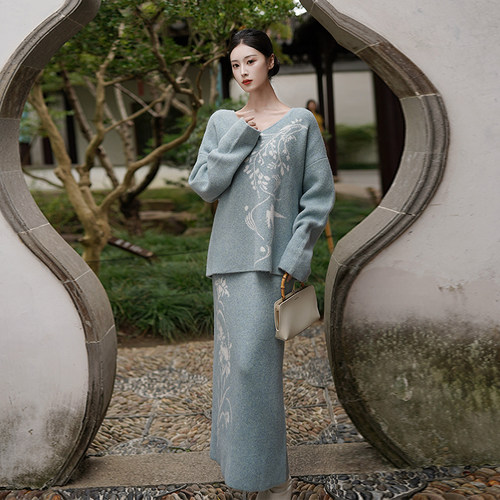 澄渔高定新中式骆驼绒提花套装