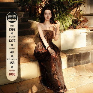 中国风100%桑蚕丝高定吊带礼服裙套装 法式 棠梨鎏金 澄渔高定