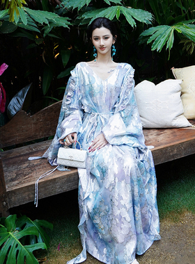 澄渔高定【云之锦岚】新中式剪花木耳边连衣裙飘逸度假长款连衣裙