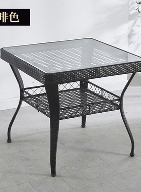简约阳台方茶几户外茶楼咖啡厅储物小茶几钢化玻璃手工藤编方桌
