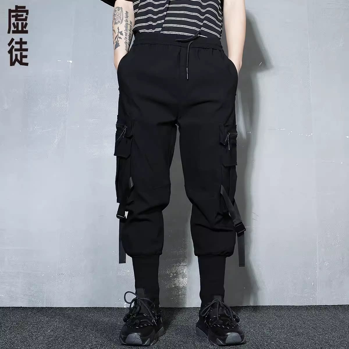 潮流小脚飘带多口袋哈伦裤