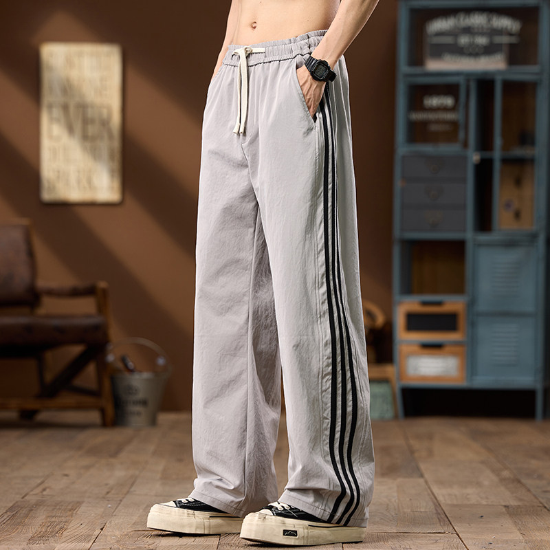 2025新款夏季冰丝休闲长裤薄款条纹工装裤男士宽松潮流百搭阔腿裤