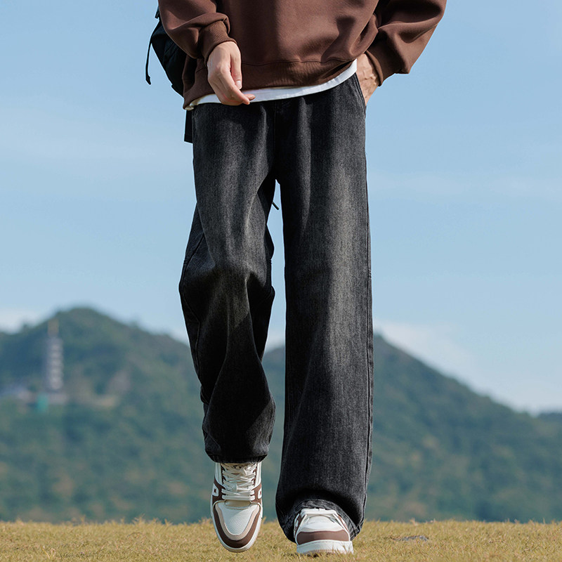 美式复古黑色牛仔裤男士宽松直筒阔腿潮牌痞帅炸街裤子男拖地裤子