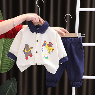 纯棉长袖 童装 婴幼儿韩版 潮 婴儿衣服秋季 卡通衬衫 两件套男宝宝秋装