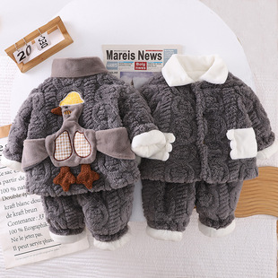 男童冬季睡衣套装家居服加绒加厚三层夹棉珊瑚绒1岁3宝宝冬装外套