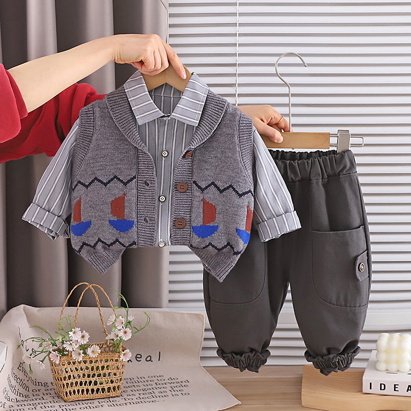 婴儿衣服春季韩版宽松毛衣背心三件套6七8九个月一岁男宝宝春秋装