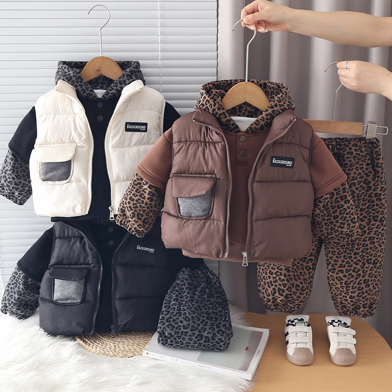 男童冬季套装宝宝加绒加厚马甲三件套小童棉服卫衣一体绒保暖外穿