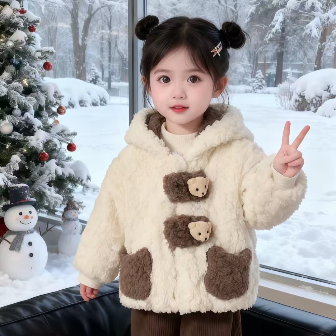 女童卡通小熊连帽外套女宝宝冬季加绒加厚可爱保暖棉衣小童毛毛衣