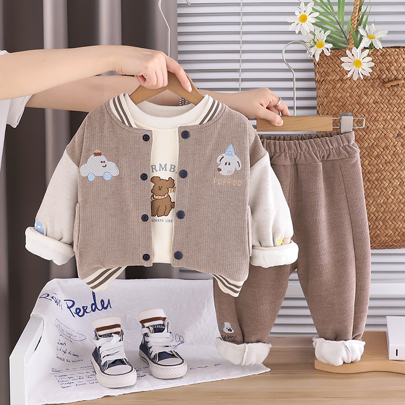 1岁半男童加绒棒球服2宝宝加厚夹克3运动冬装三件套4保暖棉衣套装