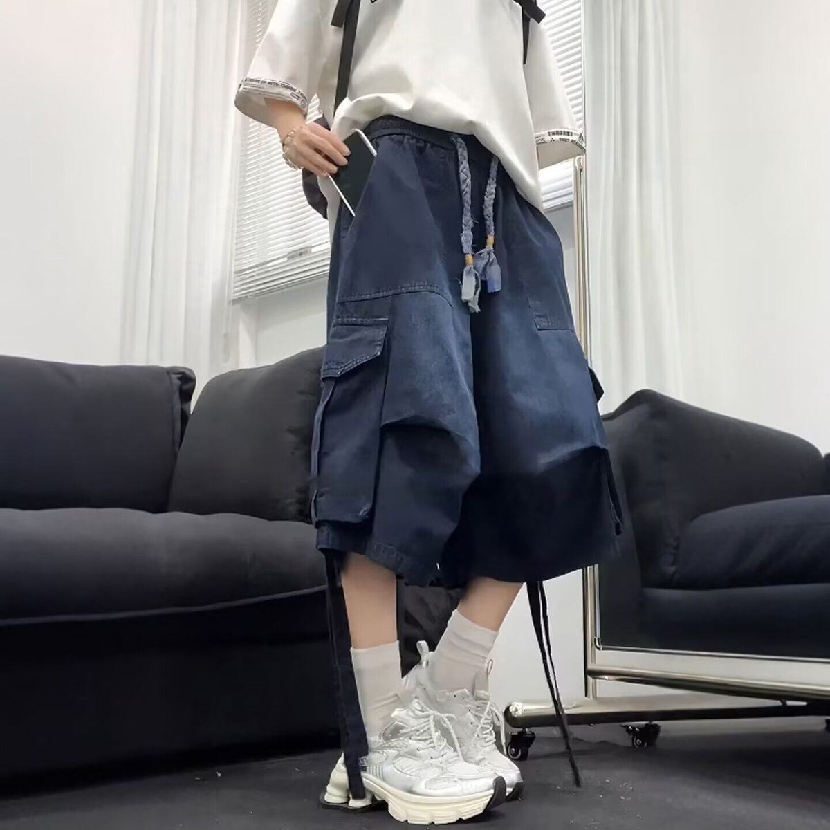 美式褶皱工装短裤男女夏季大口袋短裤