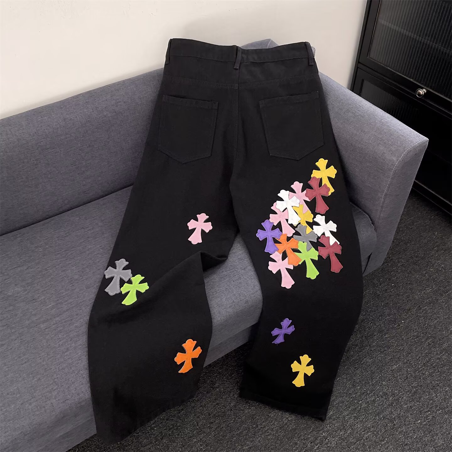 美式复古轻奢十字架拼皮牛仔裤男
