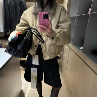 巴恩风工装派克服韩国26新款羊羔毛翻领短款羽绒服外套