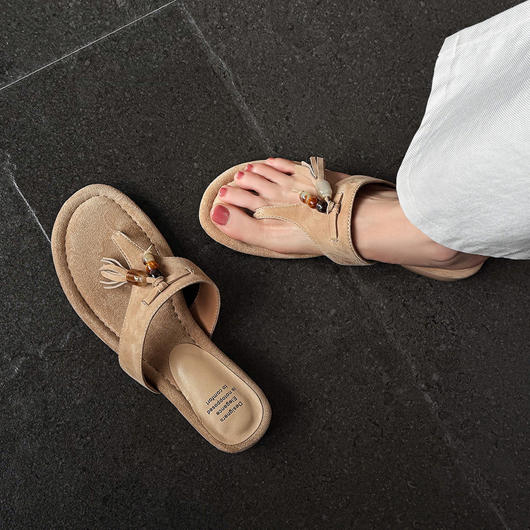 梧桐家羊翻皮流苏女夏人字拖