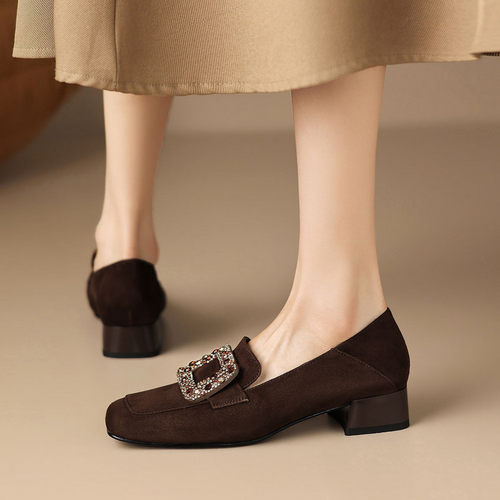 梧桐家全羊皮反绒水钻方扣乐福鞋