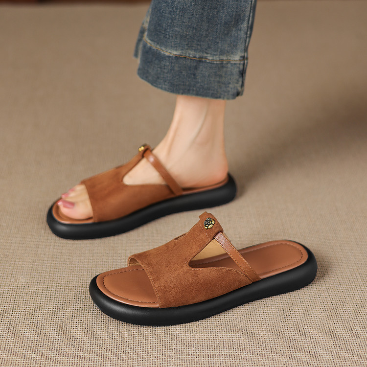 全羊皮厚底磨砂一字拖女夏通勤