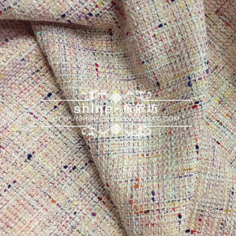 粉蓝色黑白彩色线编织粗纺花呢小香风面料外贸高级服装装饰布料批