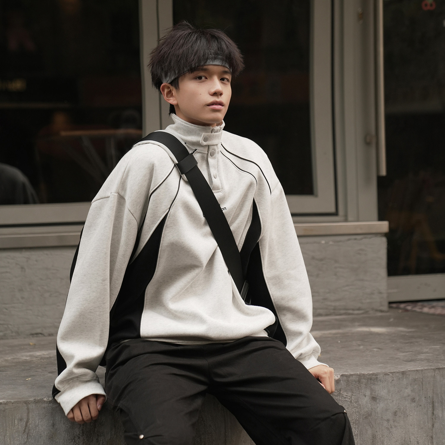 GOGOSOON厚板印花撞色卫衣男2026新款春秋美式复古百搭宽松立领潮