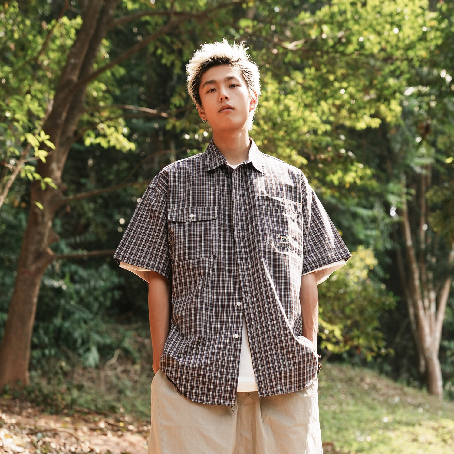 GOGOSOON夏季新款短袖衬衫男复古格子日系全棉青少年翻领百搭衬衣