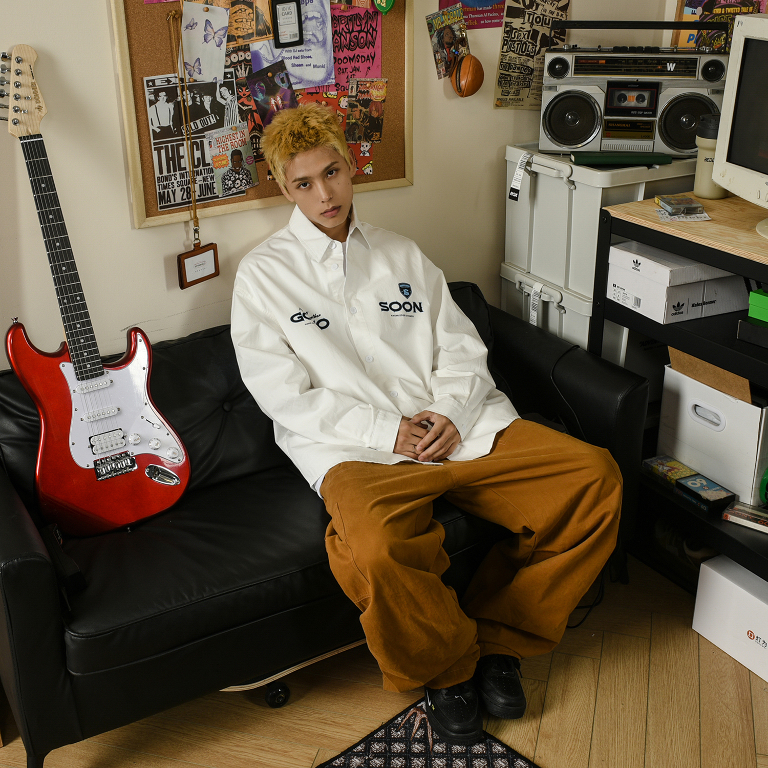 张桂源同款GOGOSOON长袖衬衫男新款2025秋季竖条纹休闲宽松青少年