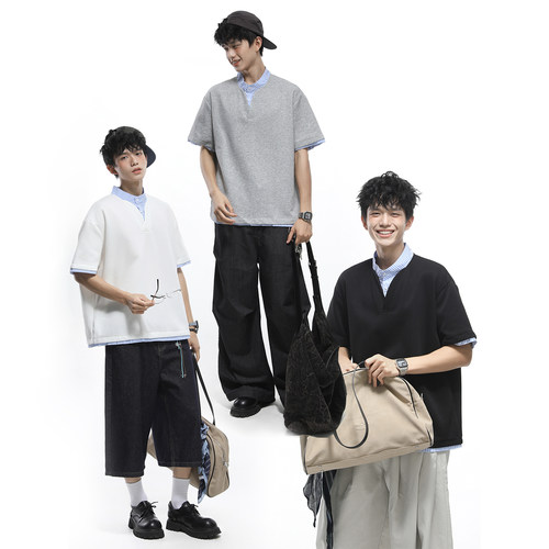 GOGOSOON 280g 假两件短袖T恤男夏季蓝白条纹衬衫拼接V领上衣撞色