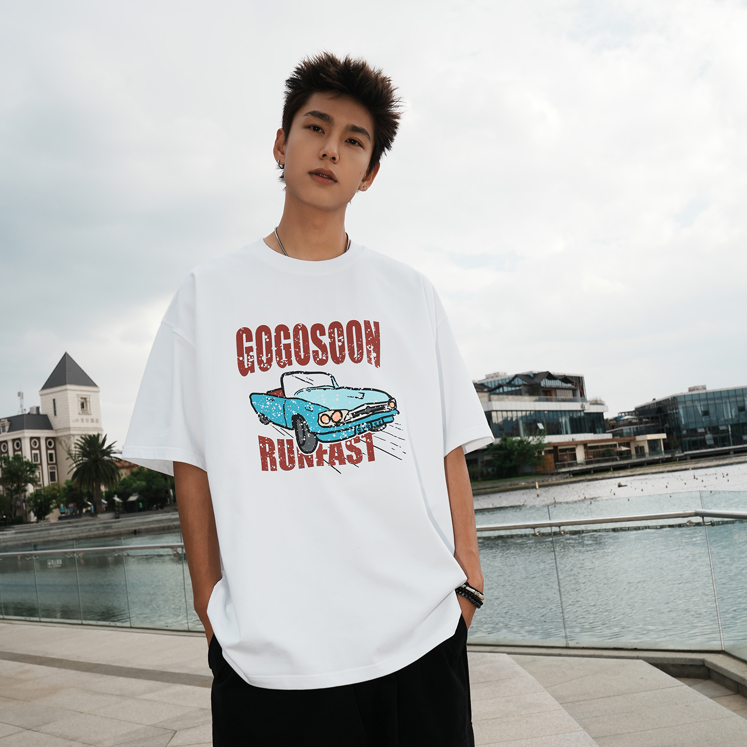 GOGOSOON夏季新款短袖T恤300g男生全棉复古字母印花圆领休闲上衣Q