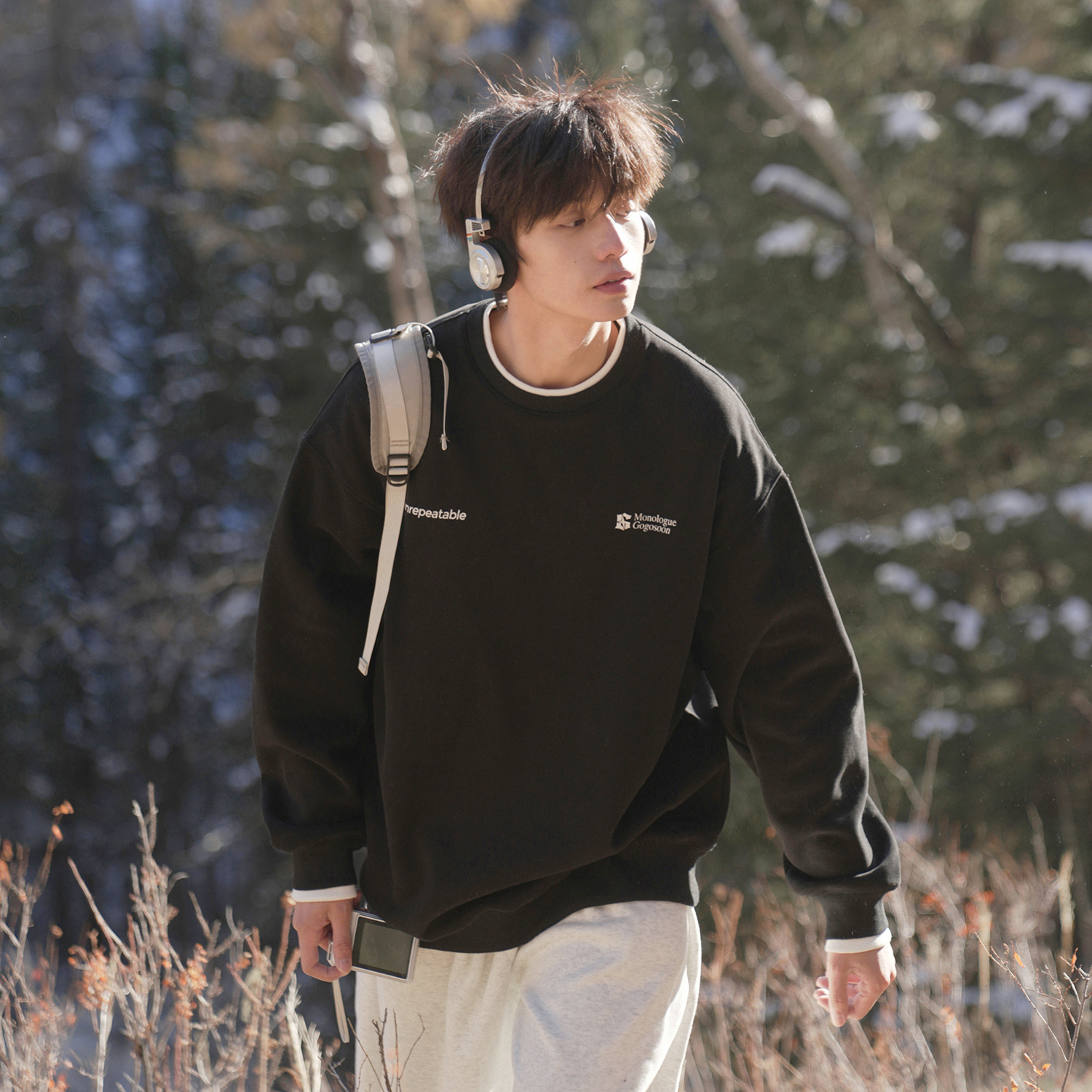 GOGOSOON加绒卫衣男新款2025秋冬圆领假两件无帽休闲宽松内搭潮流