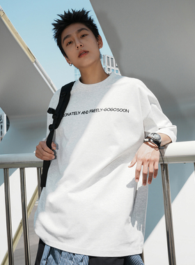 GOGOSOON夏季新款圆领短袖T恤300g纯棉重磅男生简约绣花宽松上衣Q