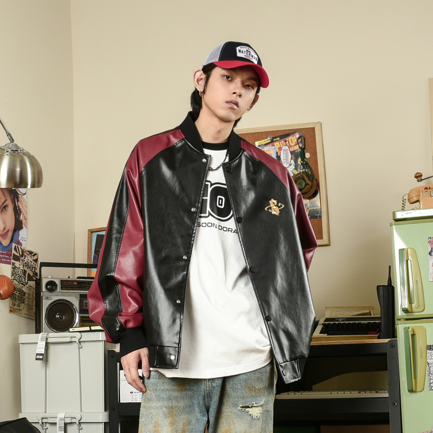 黄朔同款GOGOSOON春秋新款棒球服外套男PU皮衣夹克机车服美式休闲