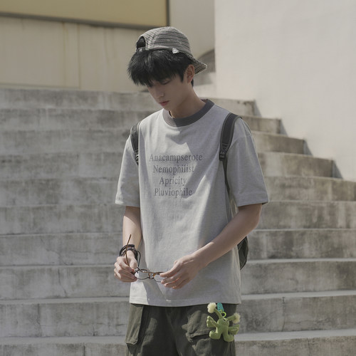 男装水洗双面撞色小众文艺字母印花短袖T恤少年感宽松款半袖夏季
