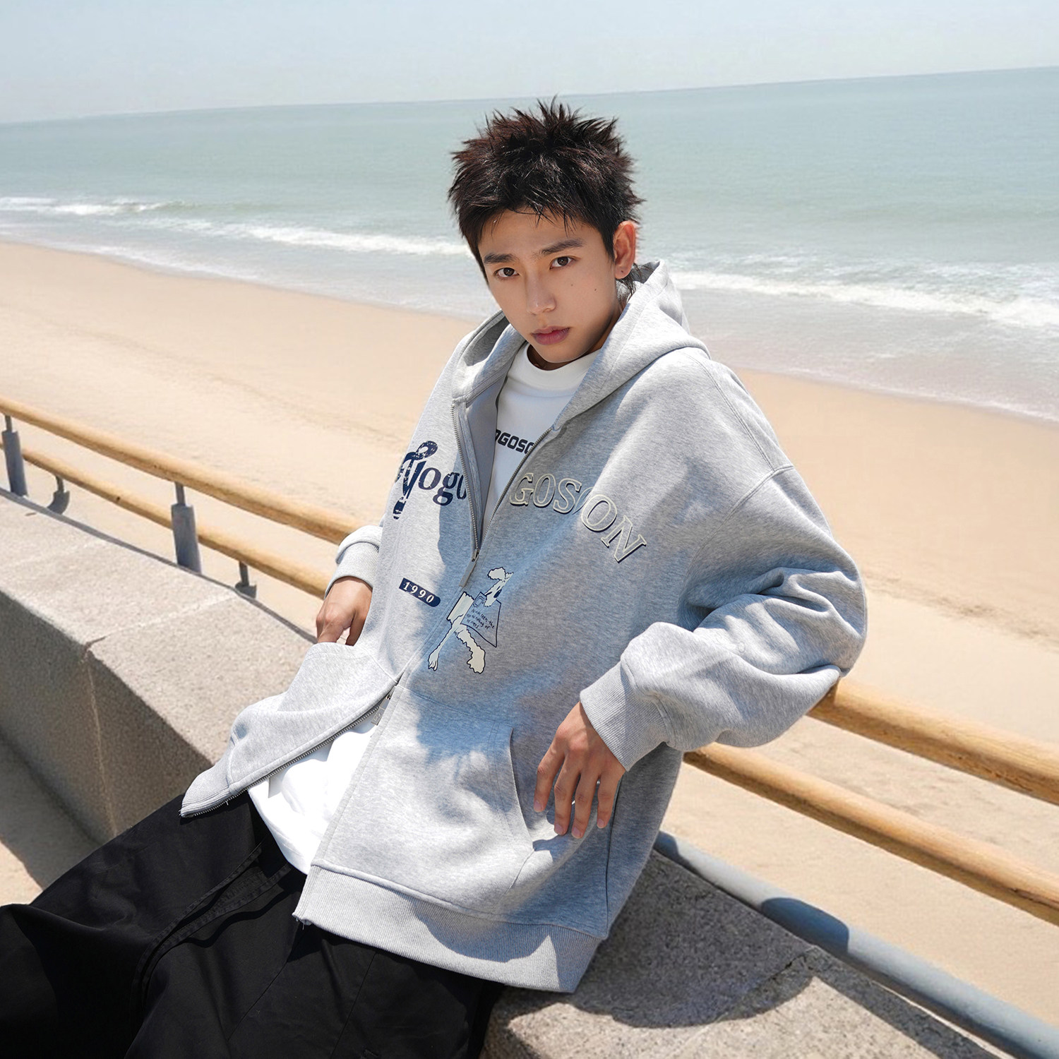 GOGOSOON卫衣男400g新款春秋外套双头拉链印花情侣连帽开衫宽松潮