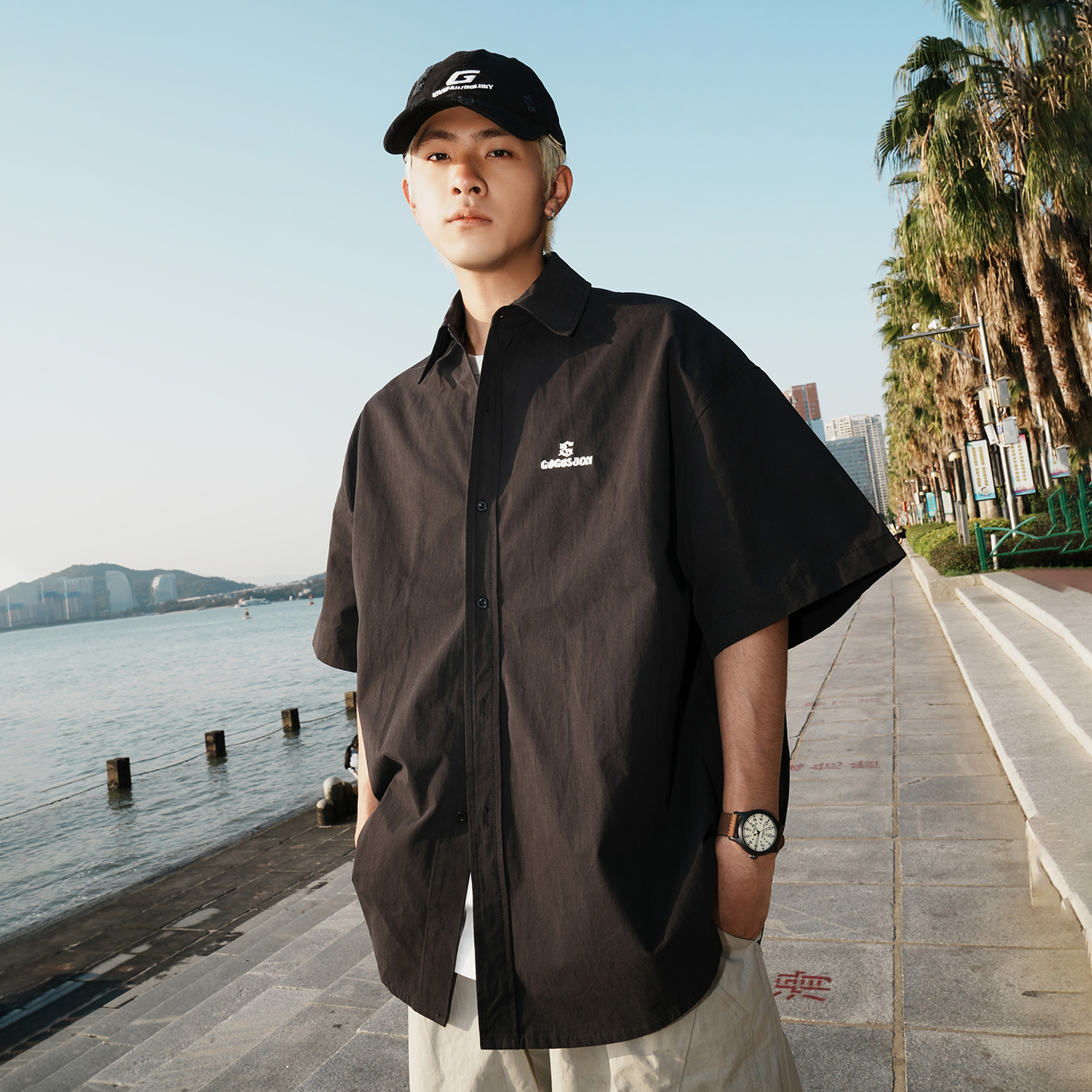 GOGOSOON夏季新款短袖衬衫175g全棉男生logo刺绣宽松百搭翻领Q