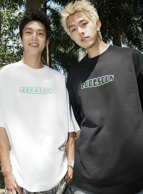 GOGOSOON夏季新款圆领短袖T恤300g全棉男生字母印花宽松情侣上衣Q