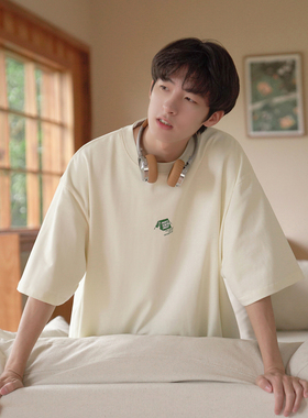 GOGOSOON短袖T恤男270g新款夏季宽松日系杏色青少年高级感五分袖