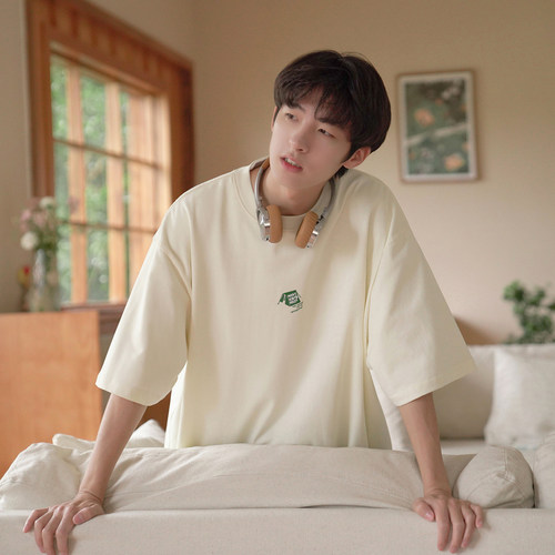 GOGOSOON短袖T恤男270g新款夏季宽松日系杏色青少年高级感五分袖
