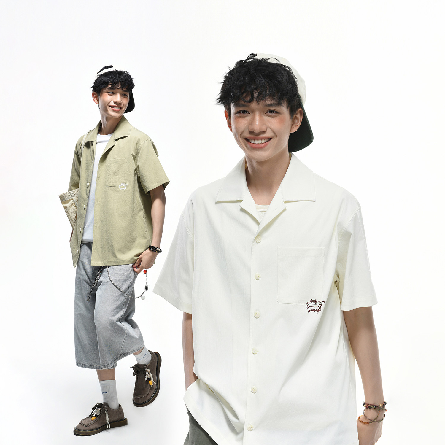 GOGOSOON 170g 古巴领刺绣短袖衬衫男 夏季简约小狗宽松半袖上衣图片