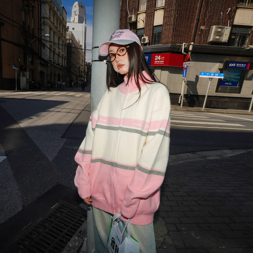 GOGOSOON毛衣男秋冬新款立领条纹休闲针织开衫上衣北极绒拼色Q