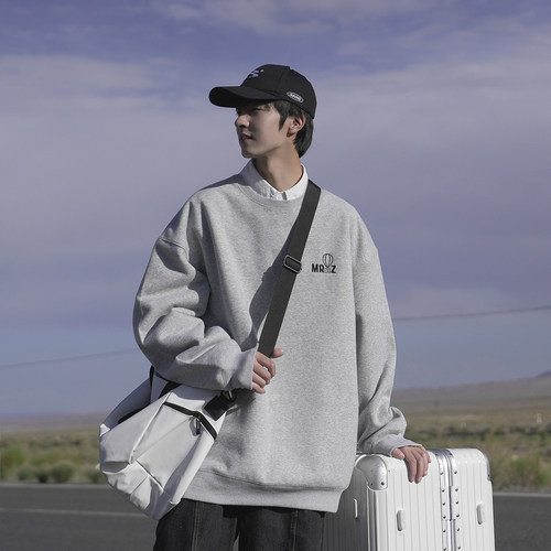 GOGOSOON加绒圆领卫衣男新款2025秋冬无帽长袖刺绣套头青少年感春