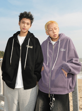 GOGOSOON卫衣外套男420g新款2025春秋紫色开衫连帽双拉链青少年Q