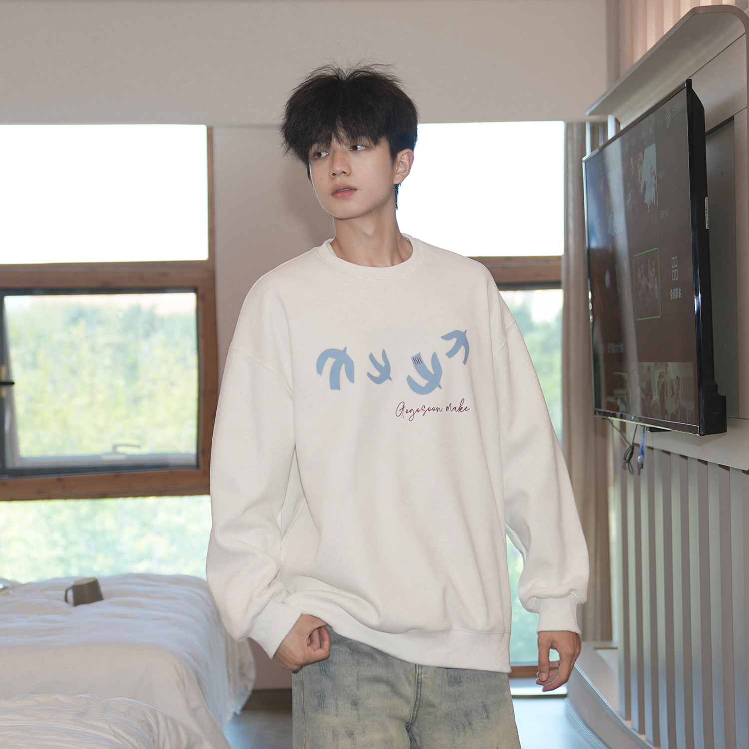 GOGOSOON加绒卫衣男440g新款2025冬季圆领无帽宽松鸽子青少年套头