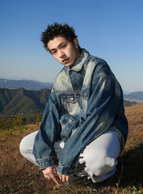 GOGOSOON男生蓝色翻领做旧牛仔外套夹克春秋新款青少年特宽松衣服