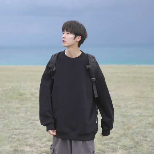 GOGOSOON加绒卫衣男新款2025秋冬圆领无帽长袖青少年内搭重磅套头