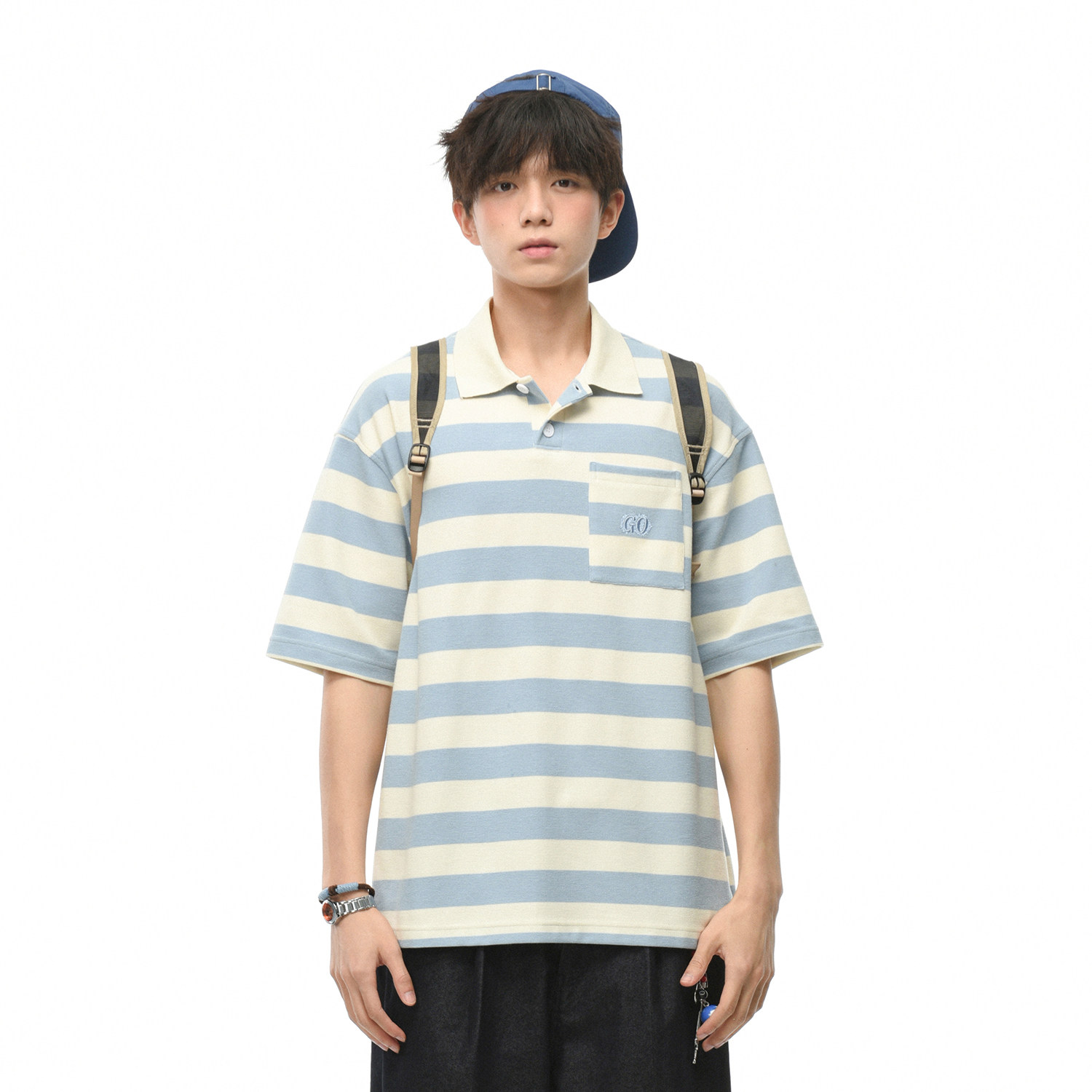 【旗间格250g】男装横条纹短袖POLO衫T恤口袋刺绣宽松休闲款夏季