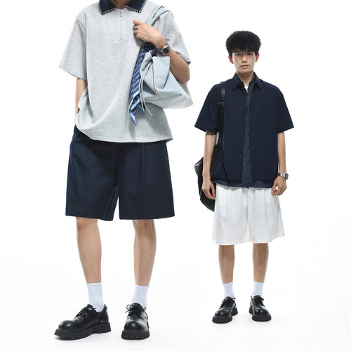 GOGOSOON 300g重磅抗皱透气 仿牛仔肌理宽松直筒休闲短裤男外穿夏