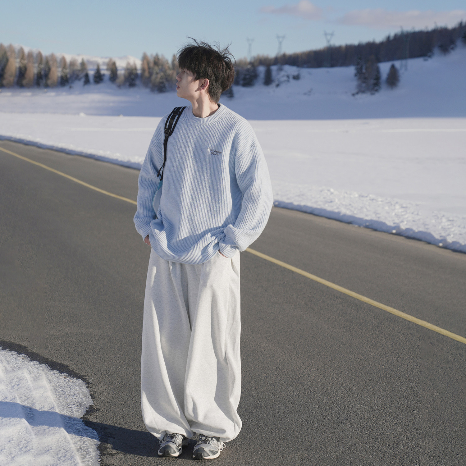 GOGOSOON蓝色毛衣男2025新款秋冬高级感刺绣logo圆领后背字母印花