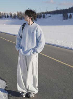 GOGOSOON蓝色毛衣男2025新款秋冬高级感刺绣logo圆领后背字母印花