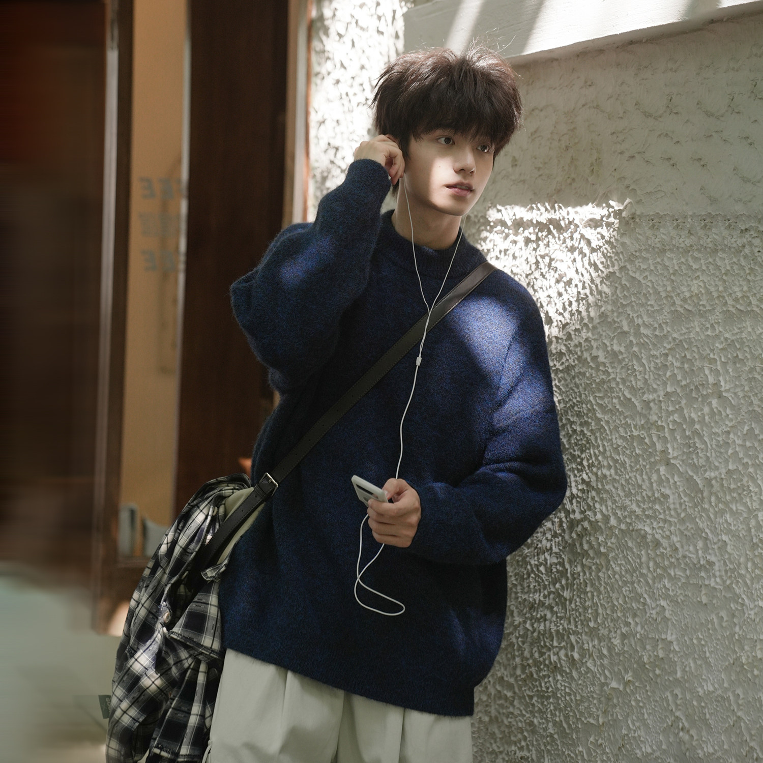 GOGOSOON老钱风 蓝色毛衣男新款2025秋冬圆领针织衫内搭宽松慵懒