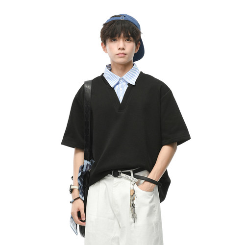 GOGOSOON 280g 重磅假两件短袖Polo衫男夏季衬衫领叠穿V领T恤上衣