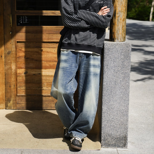 YKK拉链宽松阔腿弯刀牛仔裤男