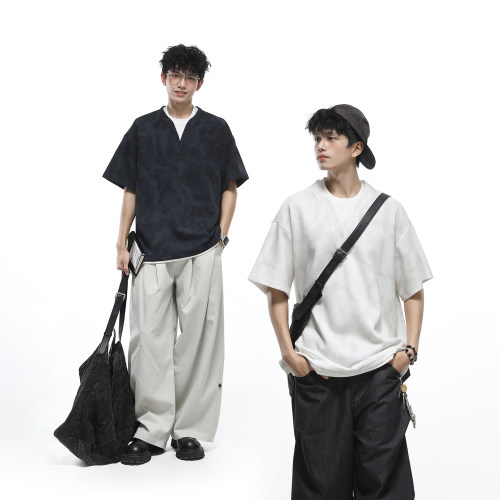 GOGOSOON 扎染华棉280g 假两件短袖T恤男夏季宽松V领拼接圆领上衣