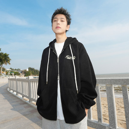 GOGOSOON春秋新款开衫卫衣420g男生双头拉链连帽美式潮牌刺绣外套